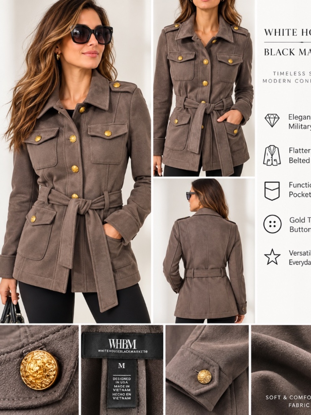 WHBM White House Black Market Faux Suede Military Safari Jacket Belted Size M NW